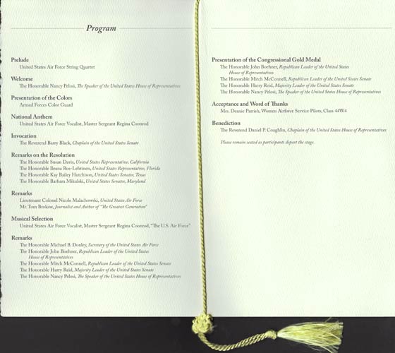 Congressional Gold Medal Ceremony Program for WASP, March 10, 2010 (Source: Roberts)
